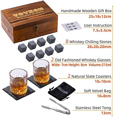 VOVZON Whiskey Stones and Glasses Gift Set for Men  8 Whisky Scotch Bourbon Chilling Stones, 2 Whiskey Glasses in Wooden Box  Christmas/Father's Day/Birthday Gift/Present for Father Dad Boyfriend