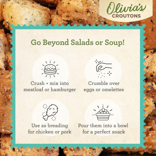 Image of Olivia's Croutons Gluten Free Garlic Croutons, 4.5 oz, 2 Pack | Ancient grain bread, dairy free, vegetarian, salad and soup topping, non gmo