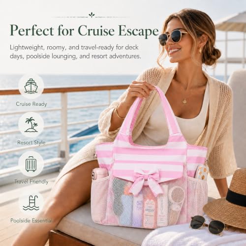 Image of LEDAOU Large Beach Bag Women Waterproof Sandproof Zipper Beach Tote Pool Bag for Swim Gym Grocery Travel with Wet Pocket