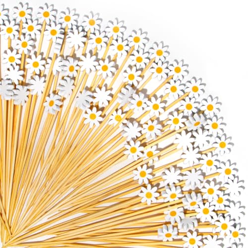 White Daisy Cocktail Picks,100pcs 4.7 Inch Long Food Toothpicks Bamboo Fruit Sticks for Sandwich, Appetizers, Mini Charcuterie Skewers for Summer, Wedding, Bridal Shower, Graduation, Birthday Party