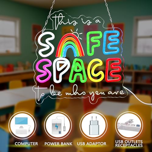 Image of Retisee 13x13 Inches Safe Space Neon Sign This Is a Safe Space to Be Who You Are LED Neon Sign Dimmable Light up for School Counselor Nurse Classroom Therapy Office Wall Decor