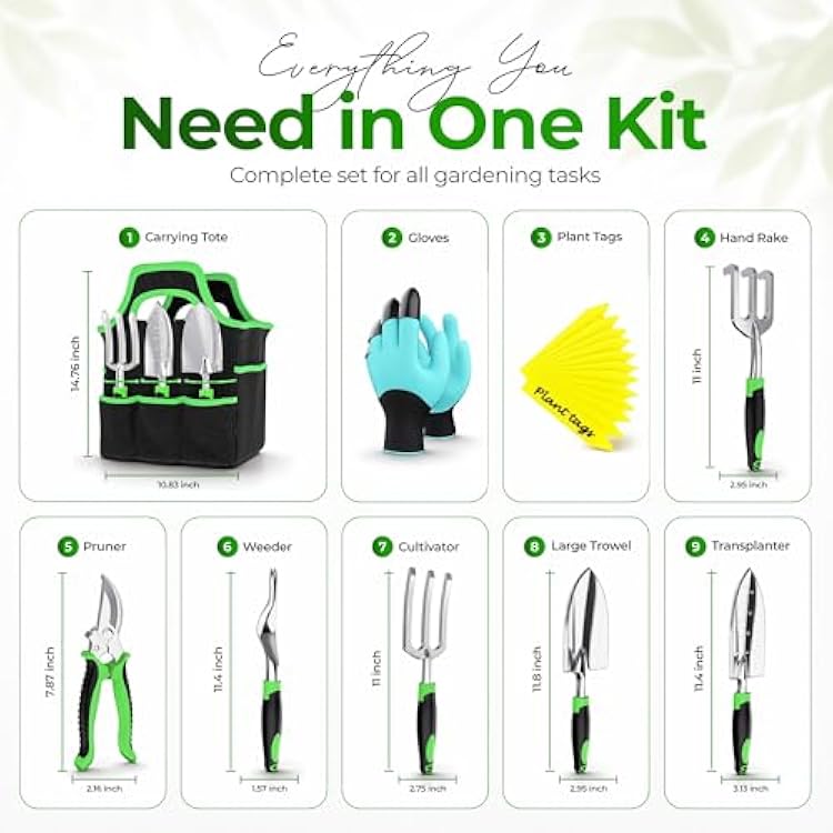 Gardening Tools Set with Bag 8 PCS Heavy Duty Stainless Steel Garden Hand Tools Kit, Ergonomic Non-Slip Handles, Rust-Proof, Includes 15 Plant Tags Gardening Gift for Women & Men
