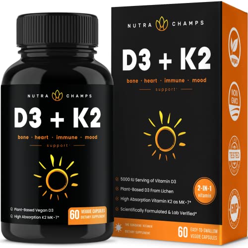 D3 with K2 MK7 Supplement for Heart & Bone Health | Vitamin D & K Complex | 5000 IU of Vitamin D 3 & 100 mcg of Vitamin K 2 MK-7 | 60 Vegan Vitamin K2 D3 Capsules