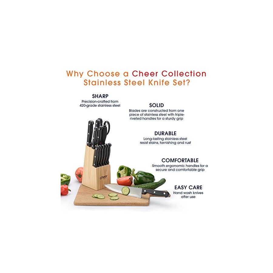 Cheer Collection 13-Piece Stainless Steel Knife Set with Wooden Block | Premium Steak, Paring, Carving, and Butcher Knives with Kitchen Shears | Razor Sharp, Ergonomic Grip