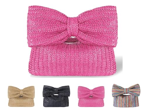 Image of Ladies Straw Bow Purse Summer Clutch Bag Holiday Beach Handbag Formal Party Wedding 2024 New (pink)