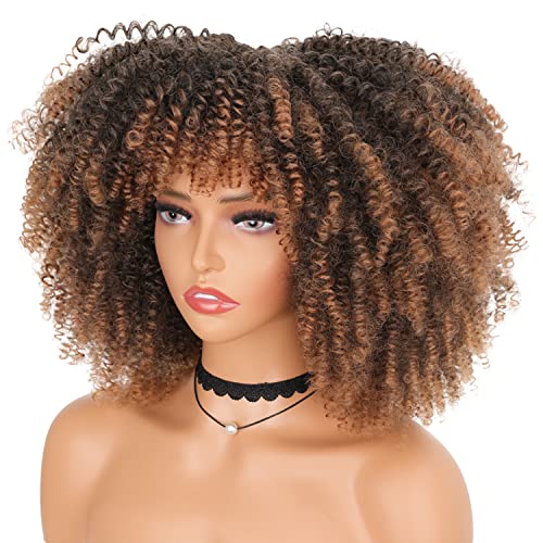 Gktineke Afro Wigs For Black Women - Curly Wig With Bangs, Ombre Brown Afro Wig, Short Afro Kinky Curly Wig,14 Inch Synthetic Hair Replacement Wigs For Women(14 Inch, Brown) #TOP3