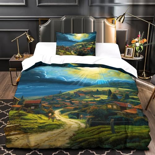 Housse de couette village 3D microfibre 135x200cm avec sa taie d'oreiller pour lit simple - 4
