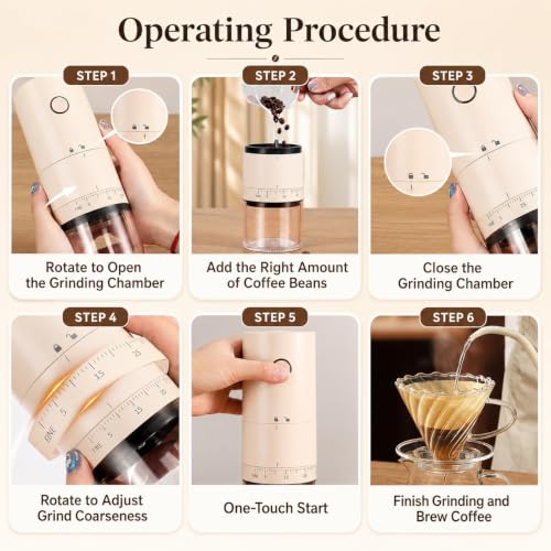 Image of Ash & Roh Electric Coffee Grinder with 38 Adjustable Grind Settings, Rechargeable Ceramic Burr Coffee Bean Grinder for Espresso, French Press, Travel & Home Use (Cream)