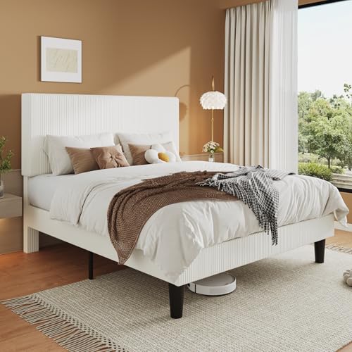 Image of Allewie Queen Bed Frame, Corduroy Tufted Headboard, White | Soft Corduroy Fabric, Adjustable Headboard, 900 lb Capacity, Wooden Slats, No Box Spring Needed, Easy Assembly