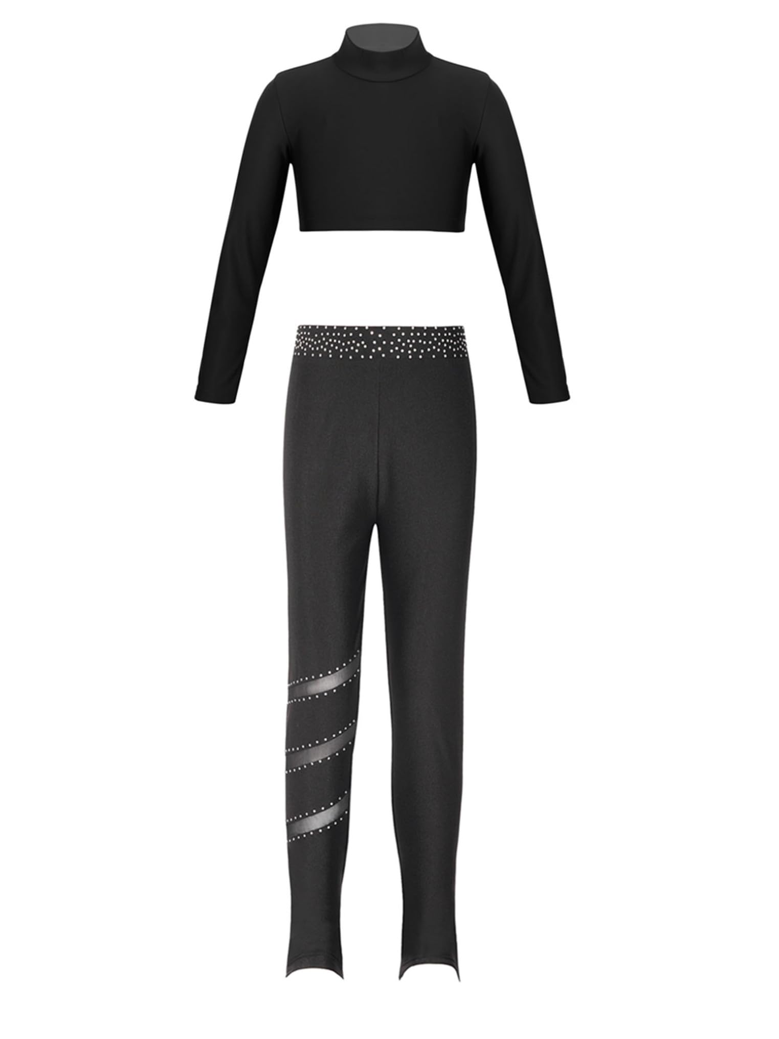 Yeahdor Girls Gymnastic Outfit Long Sleeve Mock Neck Crop Top with Sparkly Rhinestones Leggings Set Ballet Yoga Costume A Black 6 Years