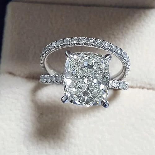 Ssjewel 3 Ct Elegant Cushion Cut Diamond Solitaire Women's Wedding Band Engagement Ring Set 14K White Gold Finish Fine 925 Sterling Silver Handmade Aesthetic Striking Anniversary Gift For Her #TOP1