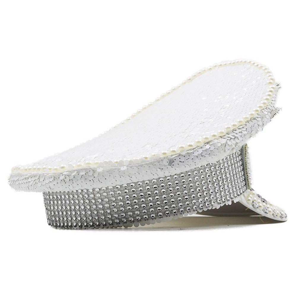 Cappello Sposa Cappello Capitano della Sposa Cappello Marinaio Sergente Cappello Militare con Paillettes Perla con Cappello Scuro Cappello Discoteca con Paillettes per Festa di