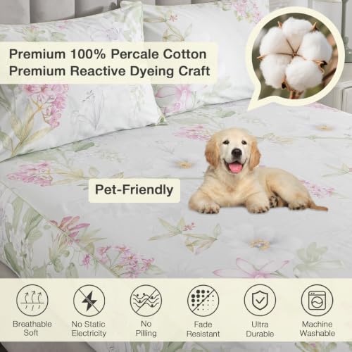 Image of Sage Green Vintage Floral Percale Sheets Queen Size Deep Pocket | 100% Cotton Patterned Farmhouse Sheet Set, Shabby Flower Leaf Chic Toile Bed Sheets, French Country Bedding, Soft Crisp, 4Pcs