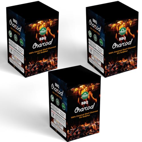 Image of TrustBasket Charcoal Briquettes (5kg) with Free Starter Cubes - Long Burning Barbeque Charcoal with Low Smoke (Used in Grilling /Barbecue, Home) Set of 3