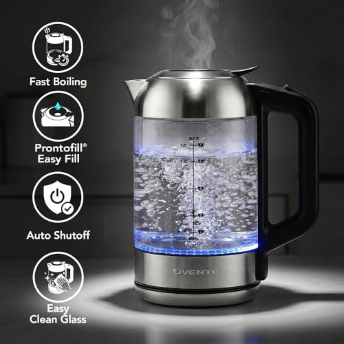 Image of OVENTE 1.8L Glass Electric Kettle Water Boiler, Silver KG751S | 1500W Fast Boiling, Easy Fill Lid, Borosilicate Glass, BPA-Free, Blue LED, Auto Shut-Off, Boil-Dry Protection, Cordless
