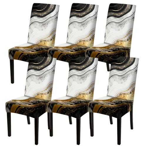 Image of Nuxovilar 6PCS Black White Gold Wave Ink Texture Stretch Covers | Stretch Slipcover Modern Protector Wave Ink Wrap Seat Guard Dining Room Living Luxury Space (Gold Wave Ink)