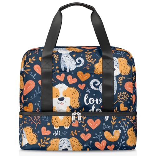 Dogs Love Heart Travel Duffel Bag Dry Wet Separated Sports Tote Travel Duffle Bag Gym Workout Bag Women Travel Duffel Bag for Women, Travel, Gym, Work