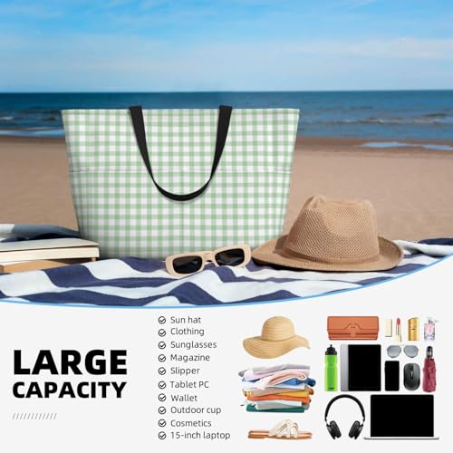 Large Beach Bags Water-resistant Sandproof - light green checkered Grid Cute Beach Tote Bags for Women with Zipper4