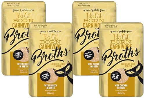 Image of Tiki Cat Born Carnivore Broths, Chicken Recipe, Hydration and Flavor Supplement Cat Food Topper, 1.3 oz. Pouch (12 Count) (Pack of 4)