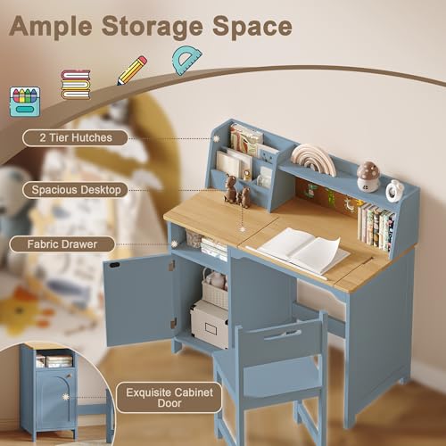 Image of Treocho Kids Study Desk and Chair Set, Kids Desk with Hutch and Tiltable Desktop for 3-8 Years Old, Wooden Children Study Table with Storage Cabinet, Student Writing Desks Bedroom, Home School, Blue