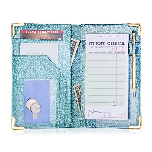 Sonic Server Dazzling Glitter Server Book and Waiter Waitress Organizer for Waitstaff | Aqua Turquoise Bling | 10 Pockets Holds Guest Checks, Money, Receipts, Order Pad with Pen Holder Loop