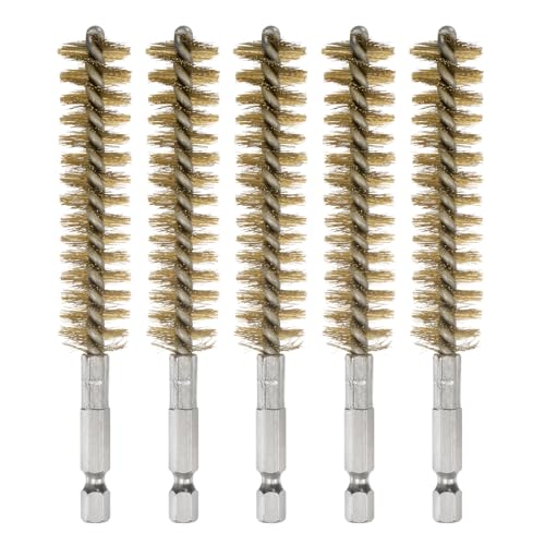 HARFINGTON 5Pcs Bore Brush Brass 17mm Dia Cleaning Twisted Bronze Wire Brush Tube Pipe Cleaner with Handle 1/4 Inch Hex Shank for Tubes, Ports, Bearings
