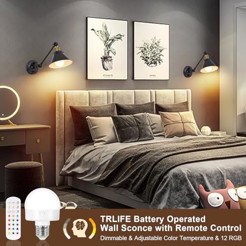 Image of TRLIFE Rechargeable Battery Operated Wall Sconce, Dimmable and Adjustable Color Temperature Wireless Wall Sconces Set of 2 with Remote Control, Swing Arm Wall Mounted Light for Bedroom Bedside Hallway