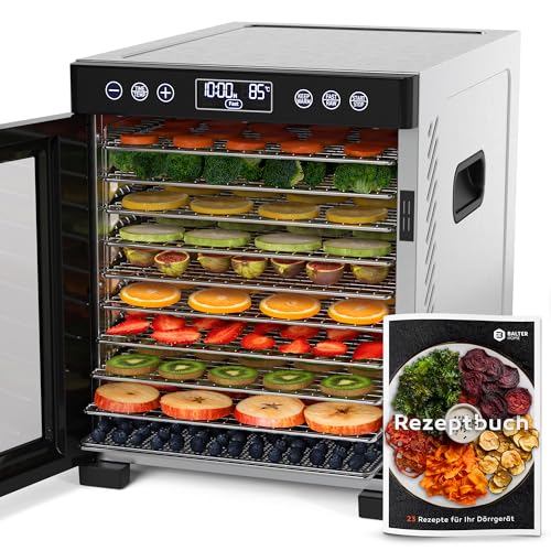 Balter Dörrautomat Edelstahl, Dörrgerät mit 10 Einlegefächern, BPA-frei, 700W, 8400 cm² Dörrfläche, 35°- 75 °C, Timer bis 48 Std, Dehydrator, Obsttrockner Dörrapparat Warmhaltefunktion, Rezeptbuch Balter Dörrautomat Edelstahl, Dörrgerät mit 10 Einlegefächern, BPA-frei, 700W, 8400 cm² Dörrfläche, 35°- 75 °C, Timer bis 48 Std, Dehydrator, Obsttrockner Dörrapparat Warmhaltefunktion, Rezeptbuch