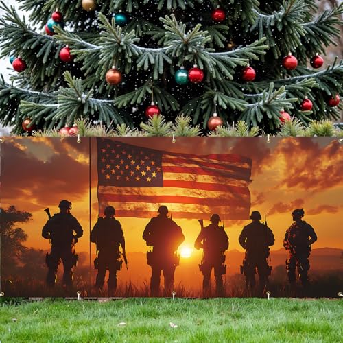 Image of 16x7Ft Patriotic American Soldier Silhouette Garage Door Decoration Flag, Military Tribute flag - Sunset USA Flag Themed Outdoor Decor
