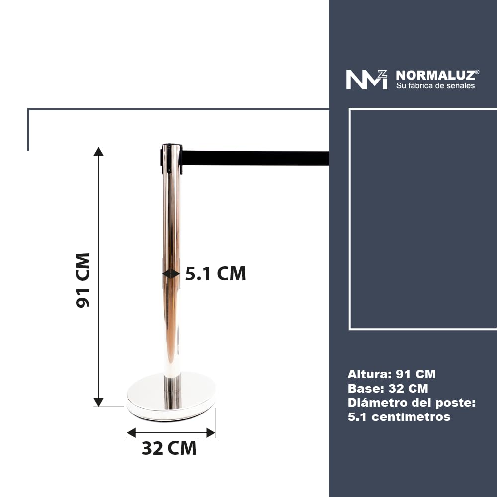 Normaluz BA50190 - Señalización Divisora Homologada Poste Separador Negro Con Cinta De 2 Metros Color Negro Acero Inoxidable 910x51x320mm