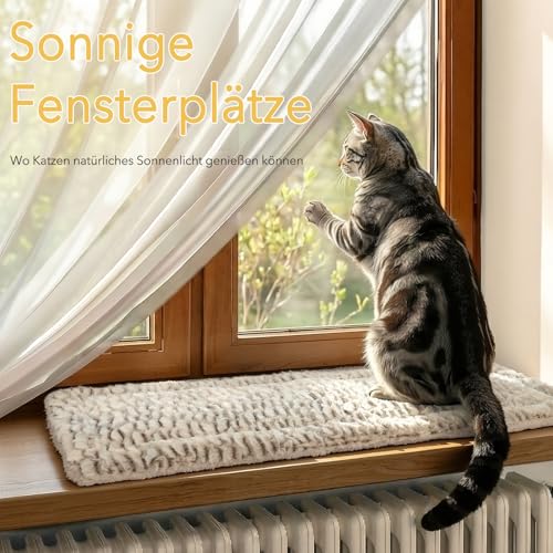 Mora Pets Fensterliege Fensterbrett für Katzen, Selbstwärmend Katzenbett Fensterbank, Flauschig & Weich, Katzenliege für Fenster Wendbar - Doppelter Komfort, 90 x 28 cm