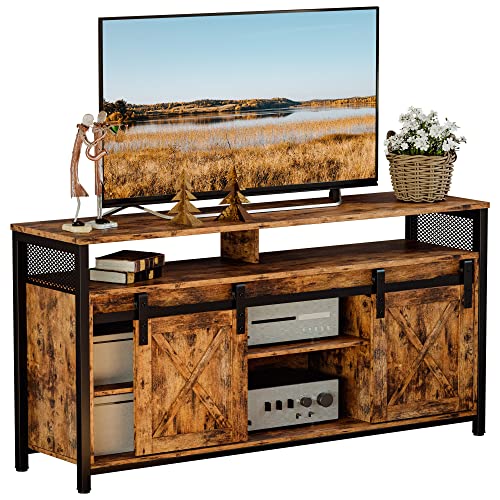 IRONCK TV Stand for TVs up to 65 Inch, Industrial Entertainment Center with Adjustable Storage Shelves, Wood and Metal Media TV Console with 2 Sliding Barn Doors for Bedroom Living Room, Vintage Brown