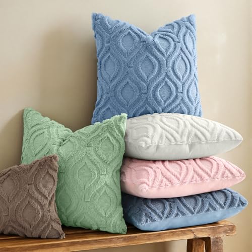 Image of decorUhome Fall Throw Pillow Covers 20x20 Inch Set of 2, Soft Plush Faux Wool Blue Solid Couch Pillow Covers, Accent Farmhouse Neutral Square Pillow Cases for Sofa Bed Living Room