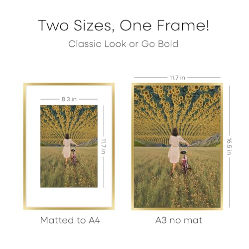 Image of Homeforia A3 Gold Picture Frame, High-End Metal, A4 Mat, Glass | High End Aluminum, Tempered Glass, Acid-Free A4 Removable Mat, A3 Edge-to-Edge Display, Wall Kit, Set Of 3