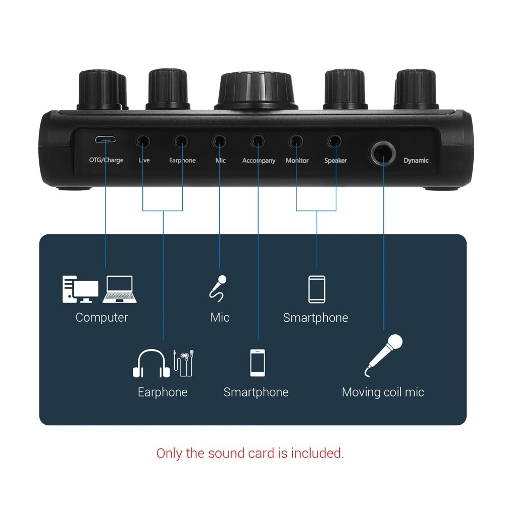 Carte Son Live, changeur de Voix Externe, mixeur Audio BT, Carte de mixage sonore avec Plusieurs Effets sonores, Compatible avec Les Smartphones et Les Ordinateurs