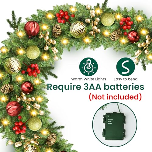 image for BOOPNEW Christmas Garland with Lights, 9FT Prelit Christmas Garland Ba