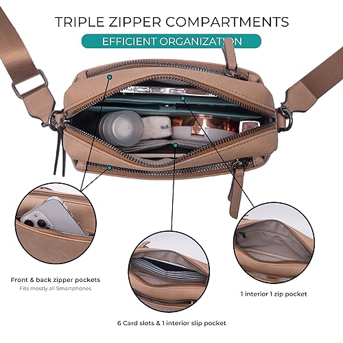 Image of Alldaily Small Triple Zip Crossbody Purse for Women, Vegan Leather Phone Bag with Wide Shoulder Strap