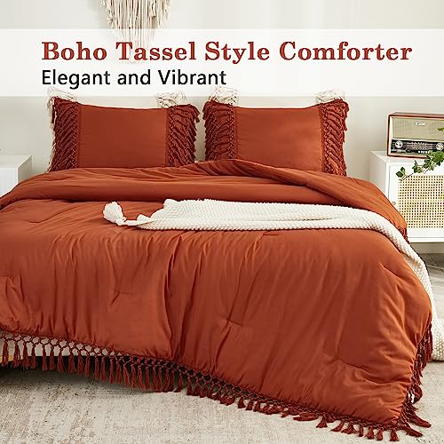 Image of Andency Burnt Orange Comforter Set California King, 3 Pieces Boho Cal King Tassel Lightweight Soft Bedding Comforter Sets, Oversized Bed Set (104x96In Comforter & 2 Pillowcases)
