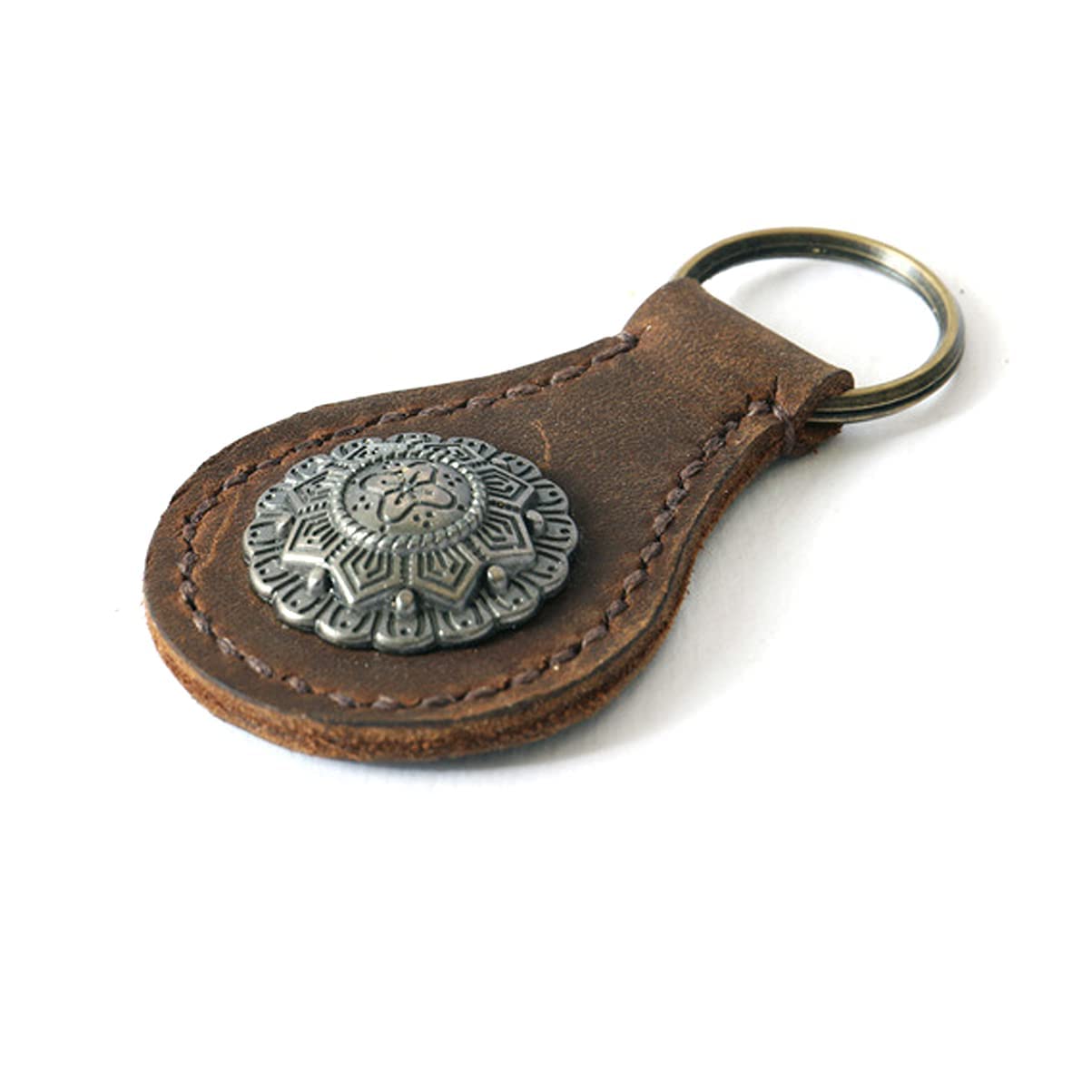 Handmade Vintage Leather Keychain with Ornate Metal Clasp - Round Teardrop Genuine Cowhide Key Ring for Car Keys, Bags