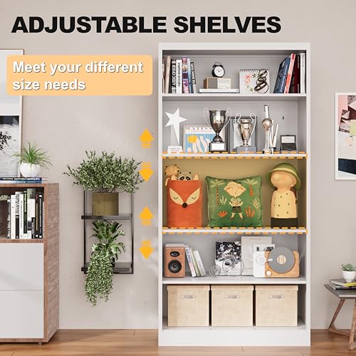 Image of VASAAOSD 66 inch Tall Metal Bookcase, 5 Shelf White Bookcase with Adjustable Shelves, Large Bookshelves and Bookcases, Modern Book Shelf Storage Organizer for Living Room, Home Office, Library