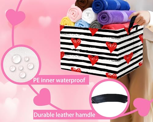 Image of Valentines Day Basket for Kids Heart Shaped Empty Storage Bins for Gifts with Handles Room Decor (Black Dash Red Love)