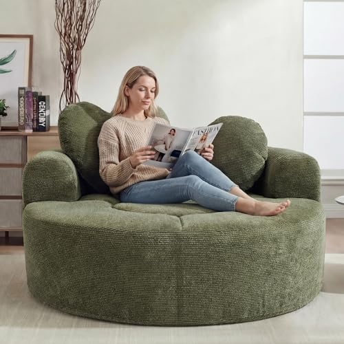 Image of Oversized Round Chair Lounge Chaise Indoor, 54.3 inch Upholstered Corduroy Deep Seat Single Cloud Sofa Chair with Heart-Shaped Pillow Modern Large Circle Boneless Couch for Living Room, Green