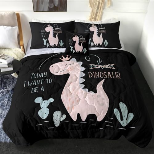 Sleepwish Cute Dinosaur Princess Comforter Set for Kids Girls Black Bedding Set Queen Size 4 Piece Soft Comfortable
