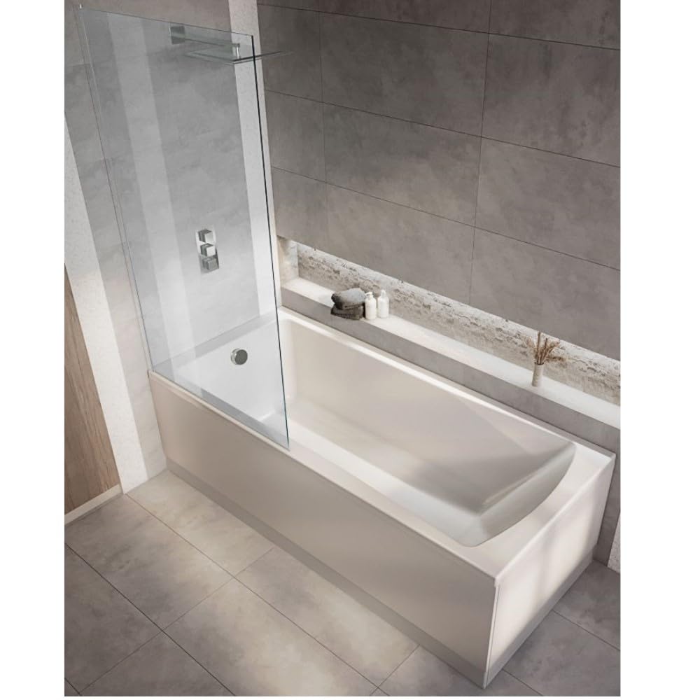Milano Elswick White 1700mm x 700mm Single Ended Square Shower Bath Chrome Screen Panels
