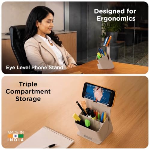 Image of eo Desk Organizer with Phone Stand | Dual Compartment Pen Stand | Removable Base Organizer | Quick-Access Desk Accessories for Office Desk, Study Table & Work From Home (Apex, Sustainable)