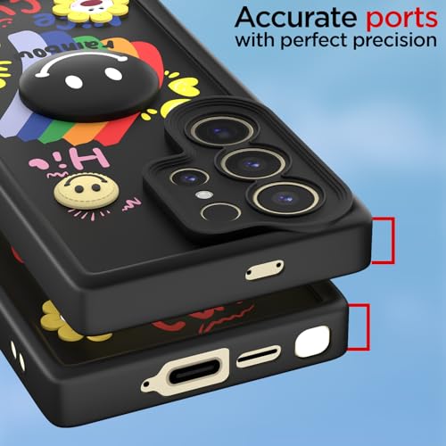 Image of Pikkme Back Cover for Samsung Galaxy S25 Ultra 5G | Soft Silicone| Cute Rainbow Smile & 3D Cartoon Flower Design | Shockproof Raised Camera Protection Bumper Case (Black)