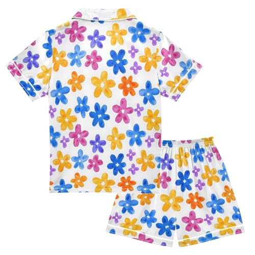 Flower Color Cute Simple Pattern Summer Satin Pajama Set, Cute Button-Down Sleepwear Pj Set for Sleep Wears2