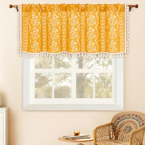 Image of Yinhua Boho Valance Curtains Vintage Linen Yellow Kitchen Valances for Windows Light Filtering Bohemian Floral Valance Rod Pocket Farmhouse Tassel Window Valances for Bathroom Cafe, 52 inch W X 18 inch L