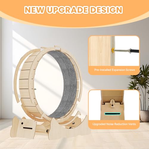 Image of Homegroove 35.4 Inch Cat Exercise Wheels for Indoor Cats, Versatile Cat Toy Running Wheel Treadmill with Detachable Carpet for Weight Loss and Health, Natural Wood Color(M)