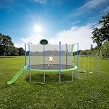 Acosure 12FT Trampoline with Slide and Swings, Recreational Bounce Bed Basketball Hoop & Ladder,Outdoor Backyard Trampoline W/Net for Kids Adults,ASTM Approved,Easy to Install,Green